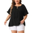 thumbnail image 1 of DARING DIVA Women's Plus Tie Neck Ruffle Short Sleeves Blouse 1X Black, 1 of 6