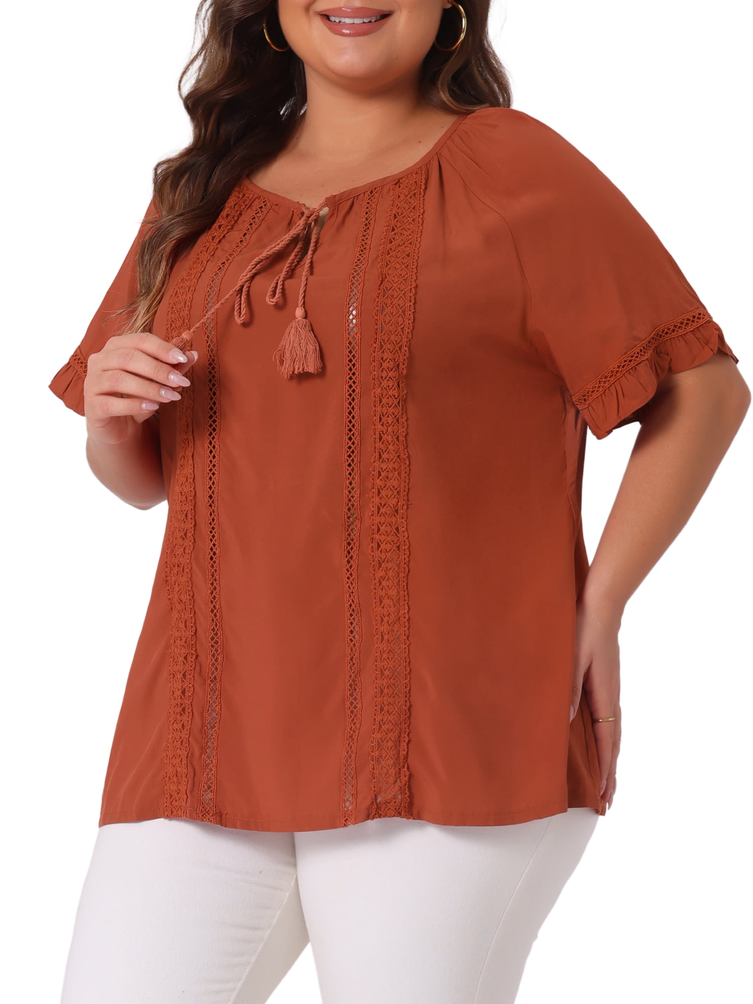 DARING DIVA Women's Plus Tie Neck Ruffle Short Sleeves Blouse 1X Caramel