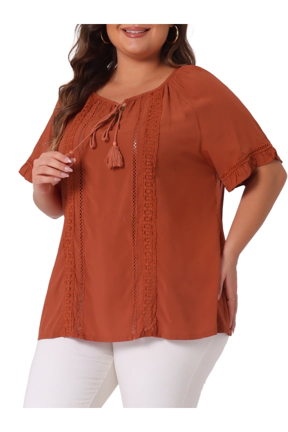 Women's Plus Tie Neck Ruffle Short Sleeves Blouse 2X Caramel