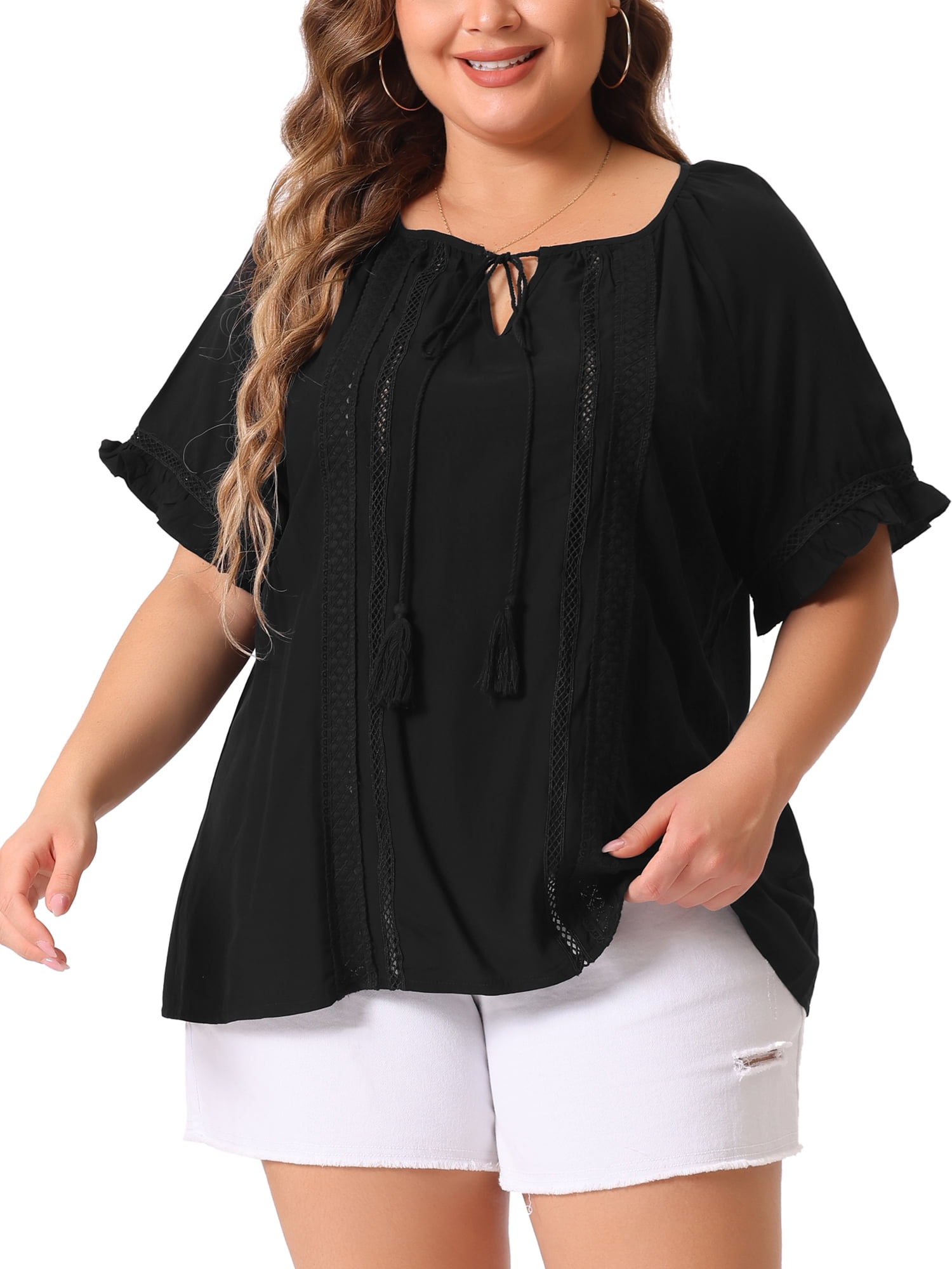 DARING DIVA Women's Plus Tie Neck Ruffle Short Sleeves Blouse 3X Black
