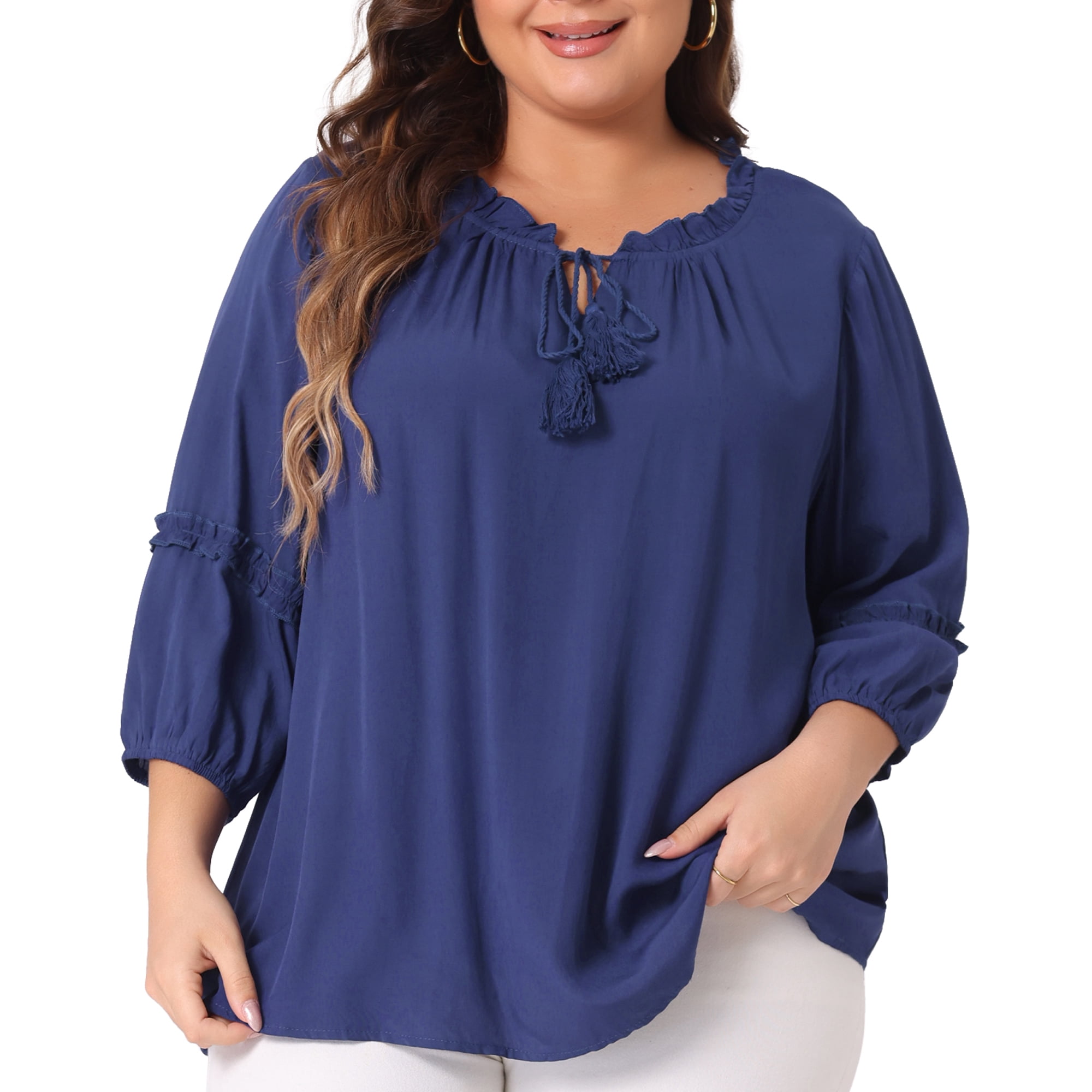 Women's Plus Tops Tie Neck Tassel Self Flutter 3/4 Sleeve Blouses Tops 3X Navy Blue