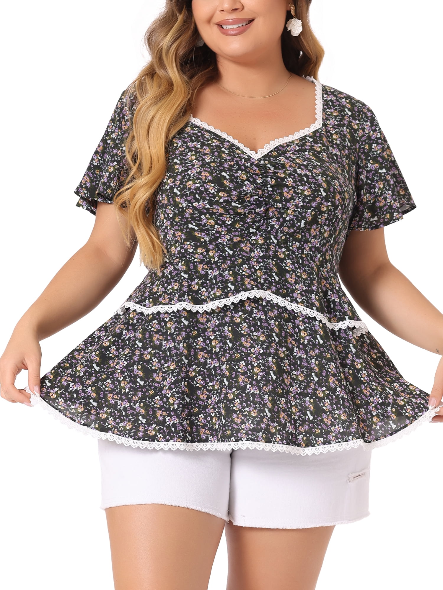 DARING DIVA Women's Plus Tiered Floral Babydoll Blouse with Short Sleeves 2X Black