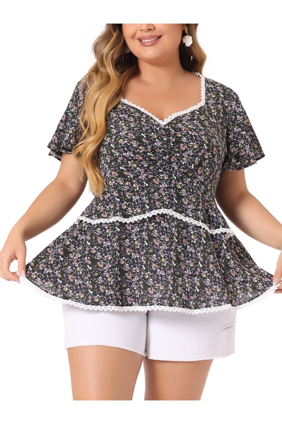 Women's Plus Tiered Floral Babydoll Blouse with Short Sleeves 3X Black