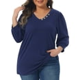 thumbnail image 1 of DARING DIVA Women's Plus Top 3/4 Sleeve V Neck Button Decor Casual Shirts 3X Navy Blue, 1 of 6