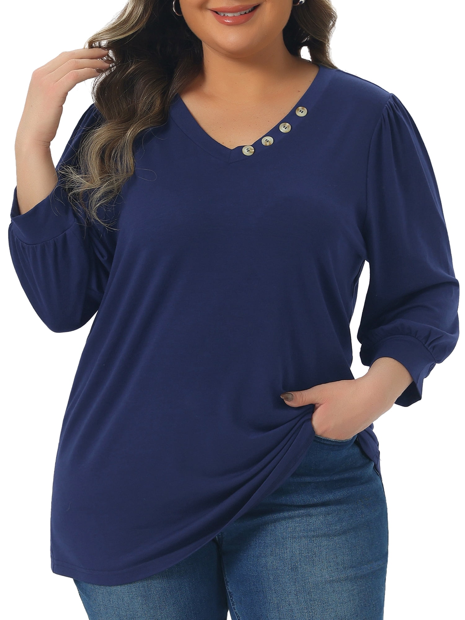 DARING DIVA Women's Plus Top 3/4 Sleeve V Neck Button Decor Casual Shirts 4X Navy Blue