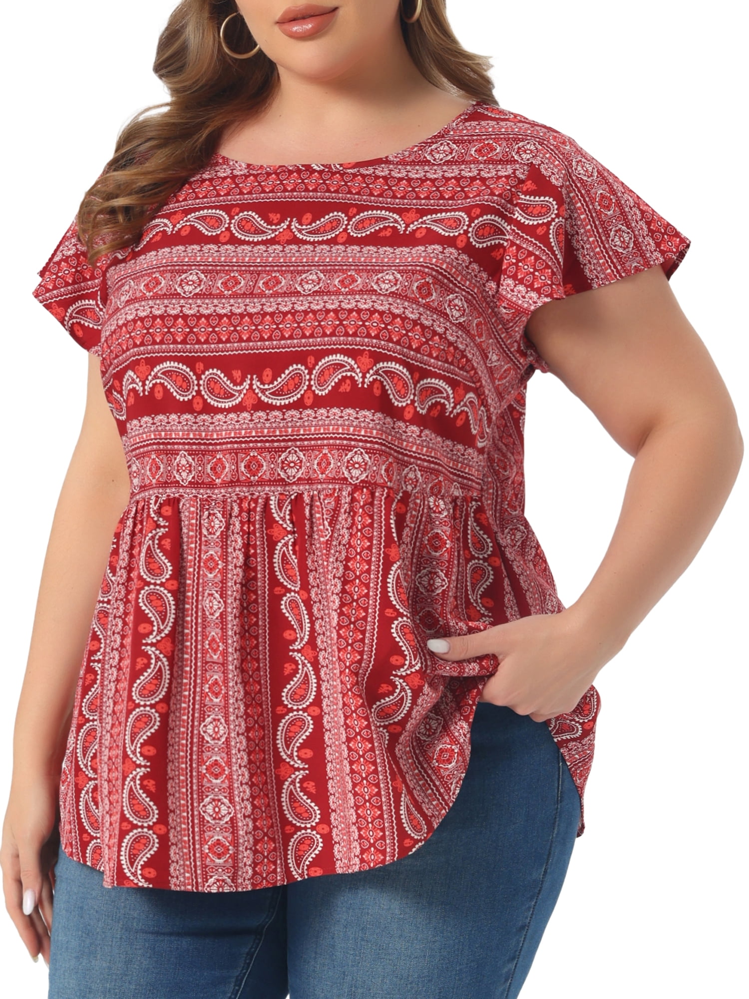 DARING DIVA Women's Plus Top Boho Floral Round Neck Ruffle Sleeve Blouses 2X Burgundy