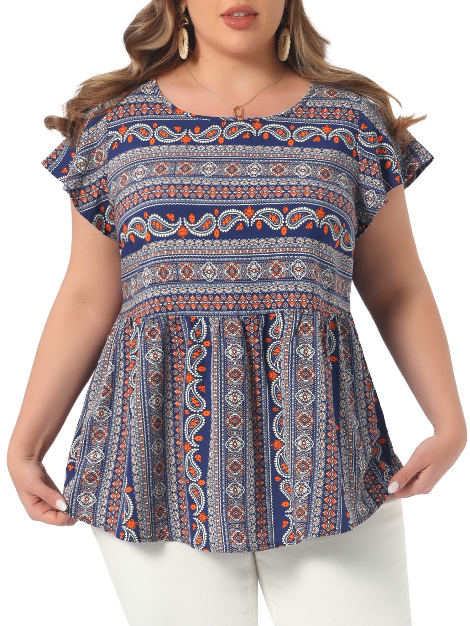 DARING DIVA Women's Plus Top Boho Floral Round Neck Ruffle Sleeve Blouses 2X Navy Blue