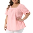 thumbnail image 1 of DARING DIVA Women's Plus Top Casual Square Neck Ruffle Sleeve Blouse 1X Pink, 1 of 6
