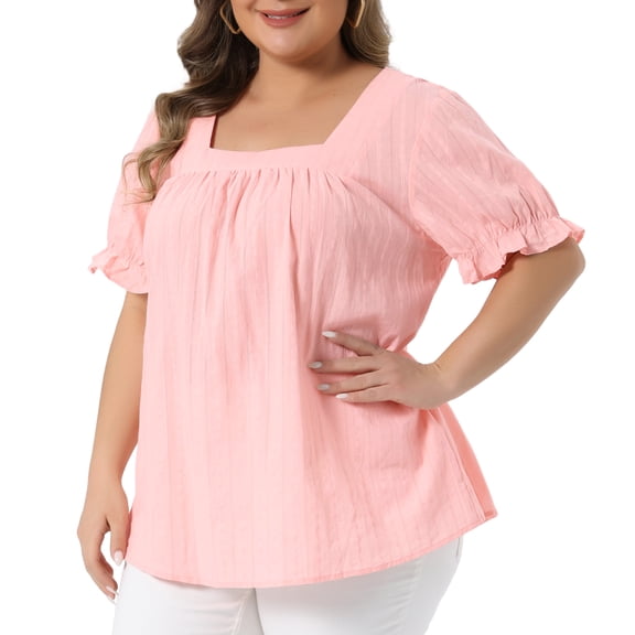 DARING DIVA Women's Plus Top Casual Square Neck Ruffle Sleeve Blouse 1X Pink