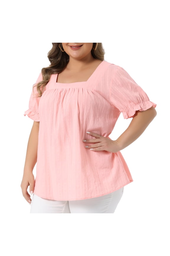 Women's Plus Women's Summer Top Casual Square Neck Ruffle Sleeve Blouse 1X Pink