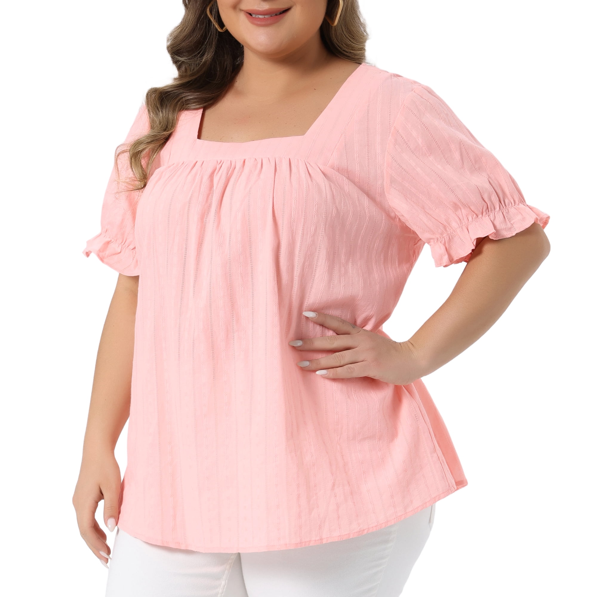 Women's Plus Women's Summer Top Casual Square Neck Ruffle Sleeve Blouse 3X Pink