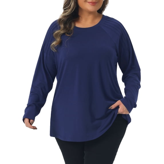 DARING DIVA Women's Plus Top Crew Neck Pleated Shirts Loose Fit Tunic Tops 1X Navy Blue