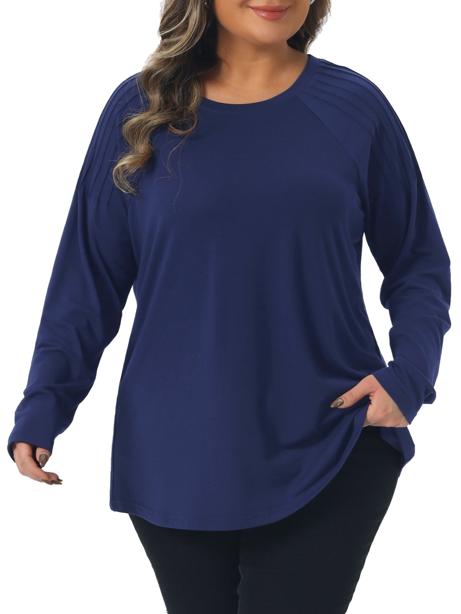 DARING DIVA Women's Plus Top Crew Neck Pleated Shirts Loose Fit Tunic Tops 3X Navy Blue