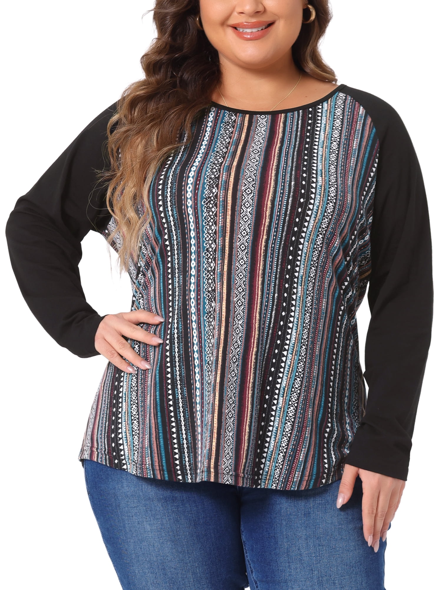 DARING DIVA Women's Plus Top Long Sleeve Relaxed Fit T-Shirt Blouse 1X Blue