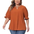 thumbnail image 1 of DARING DIVA Women's Plus Top Notched V Neck Puff Blouse Tops 1X Orange, 1 of 6