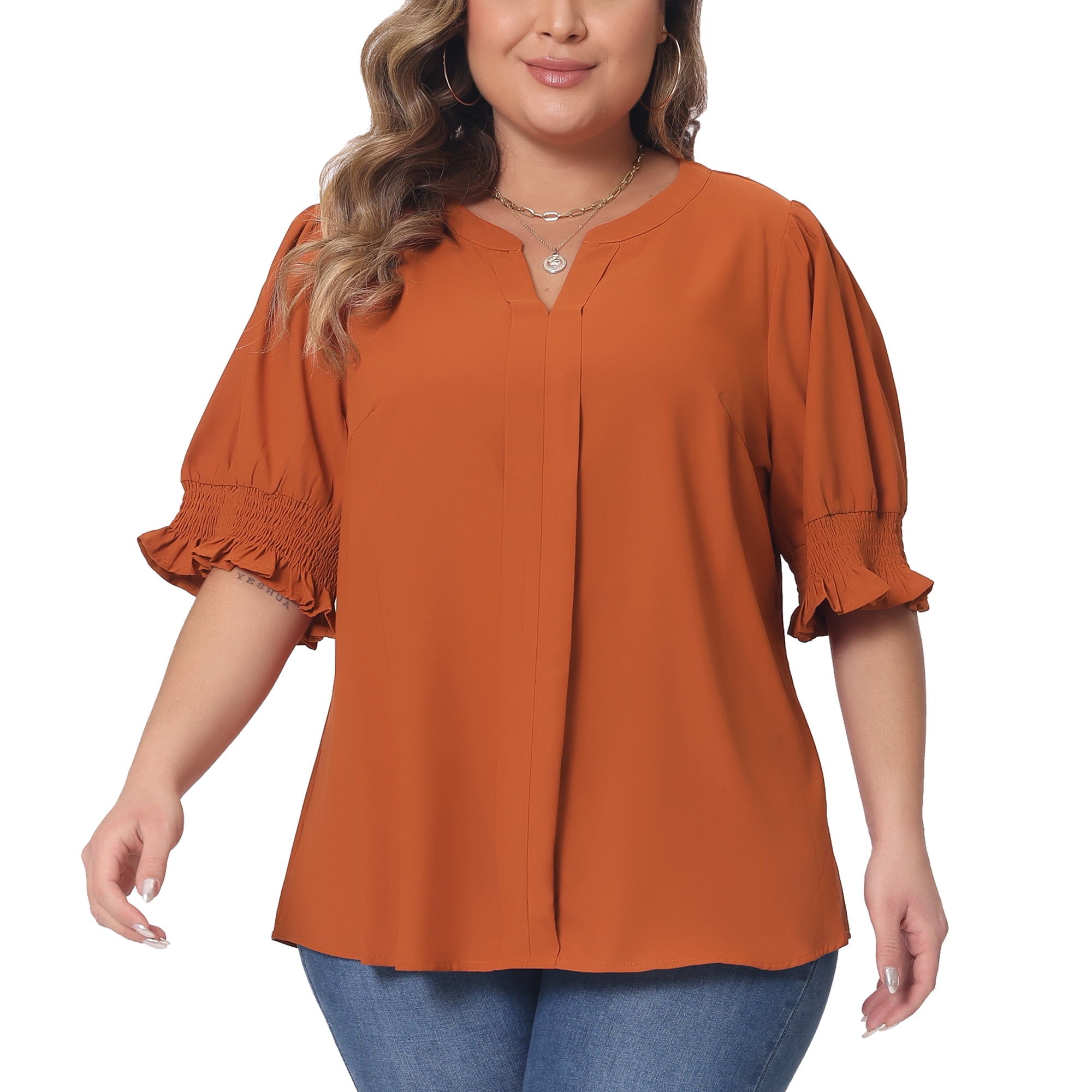 DARING DIVA Women's Plus Top Notched V Neck Puff Blouse Tops 3X Orange