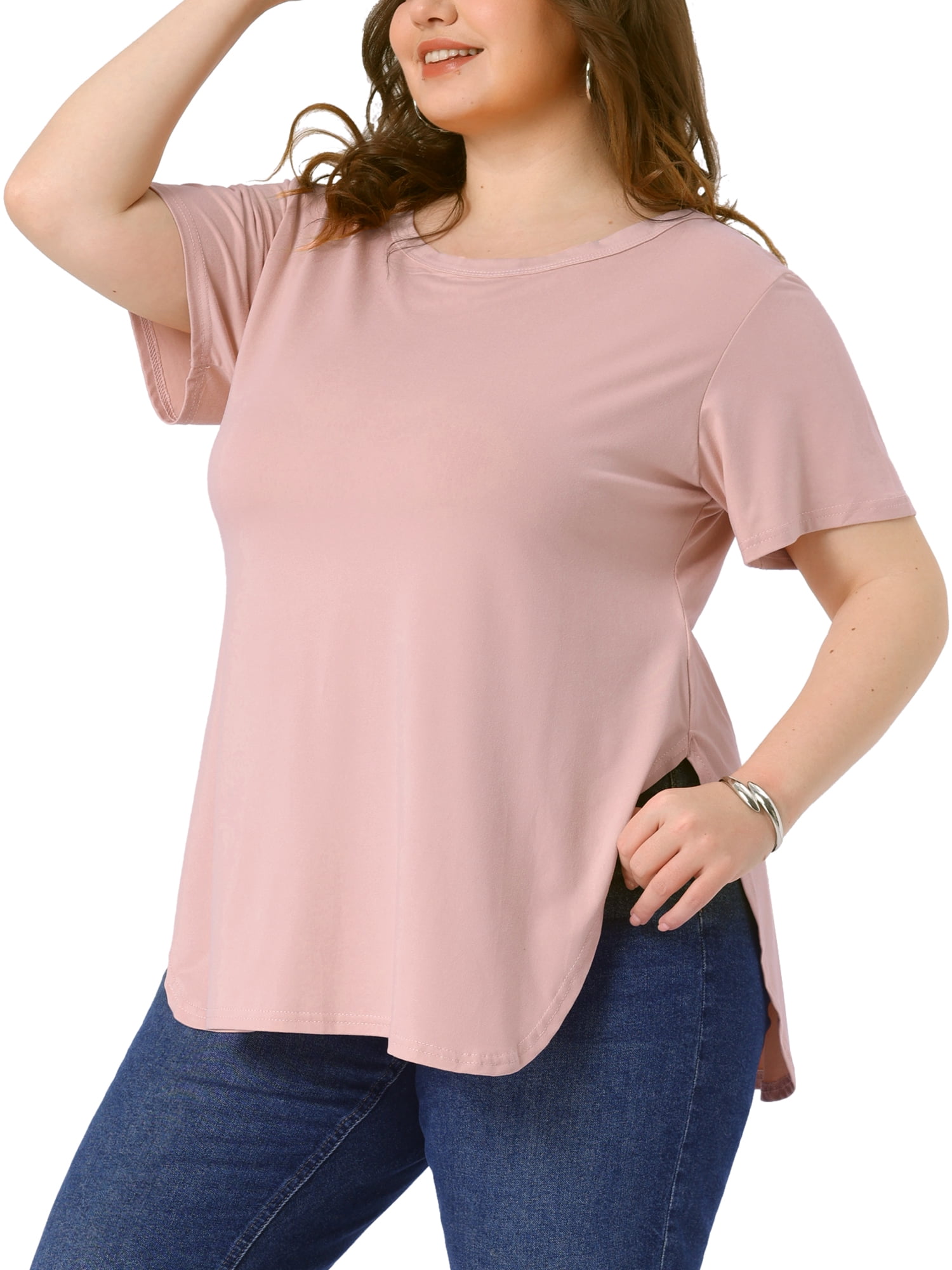 DARING DIVA Women's Plus Top Round Neck Side Split Hem T-Shirts 1X Pink
