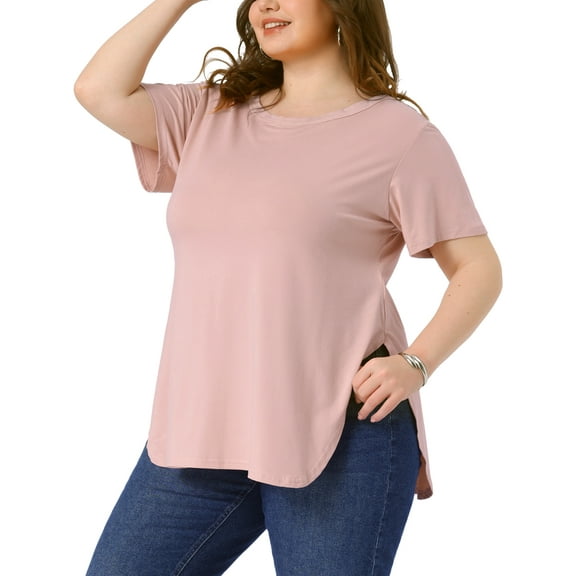 DARING DIVA Women's Plus Top Round Neck Side Split Hem T-Shirts 2X Pink
