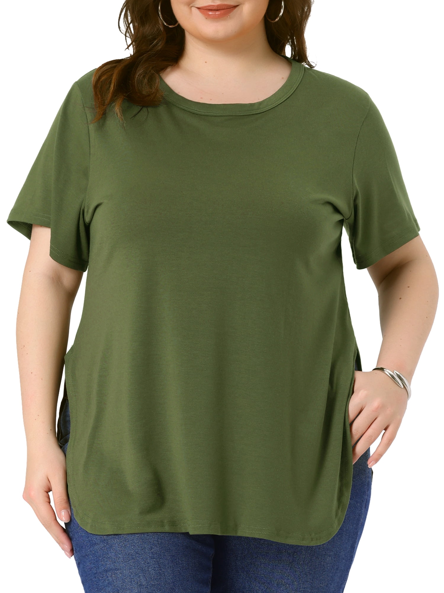 DARING DIVA Women's Plus Top Round Neck Side Split Hem T-Shirts 3X Army Green