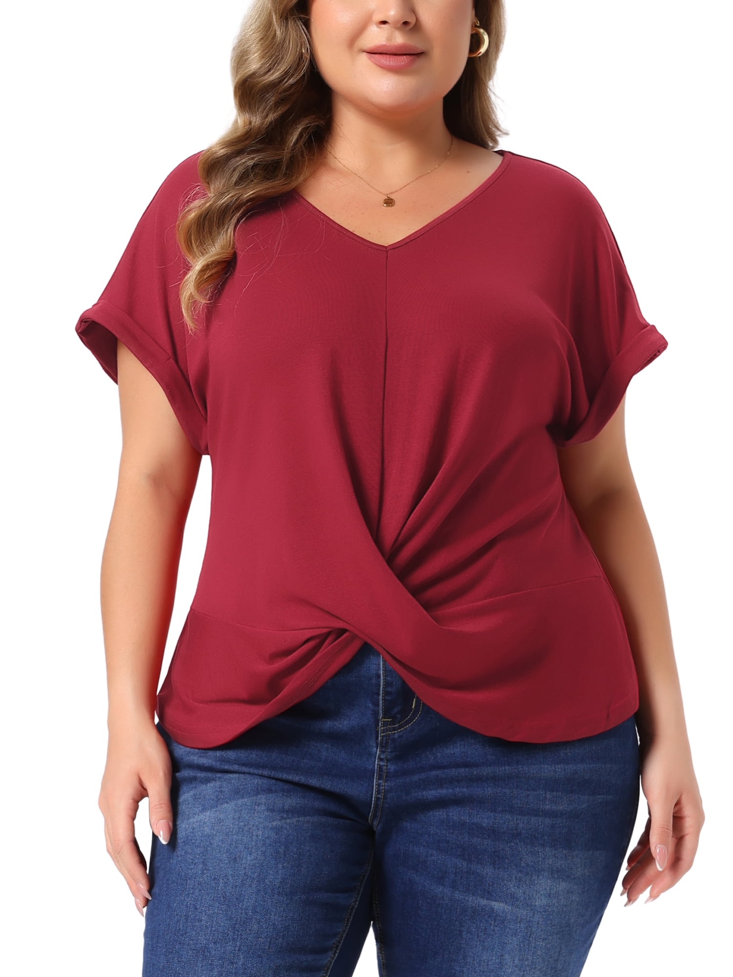 DARING DIVA Women's Plus Top  V Neck Twist Knot Summer Blouses t Shirts 3X Burgundy