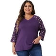 thumbnail image 1 of DARING DIVA Women's Plus Tops Casual Floral V Neck Spring Raglan Top 1X Purple, 1 of 6