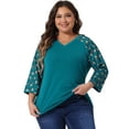 thumbnail image 1 of DARING DIVA Women's Plus Tops Casual Floral V Neck Spring Raglan Top 2X Peacock Blue, 1 of 6