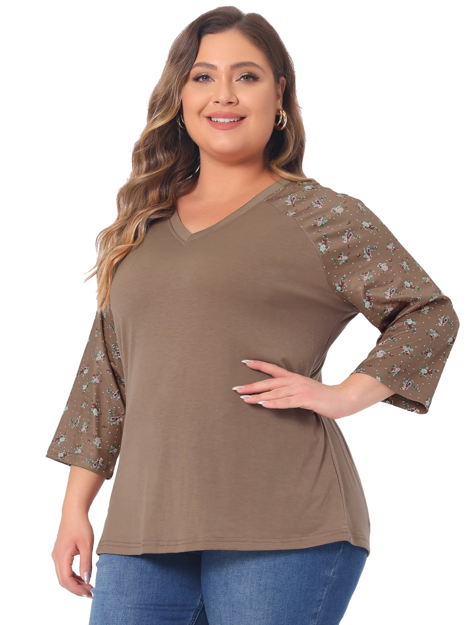 DARING DIVA Women's Plus Tops Casual Floral V Neck Spring Raglan Top 3X Brown