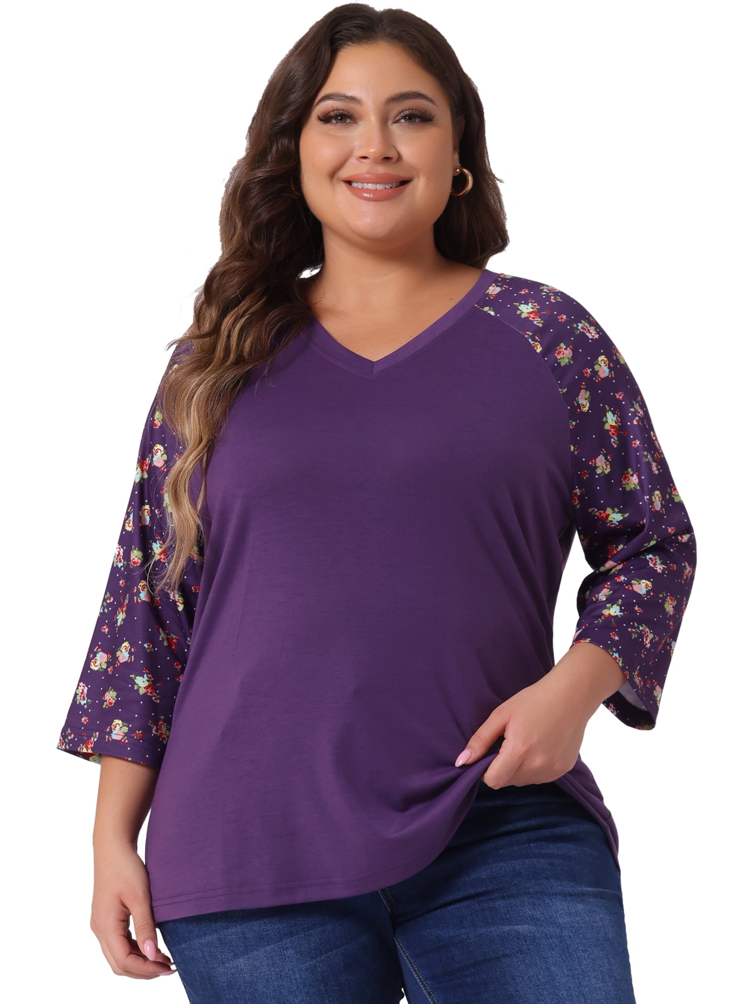 DARING DIVA Women's Plus Tops Casual Floral V Neck Spring Raglan Top 3X Purple