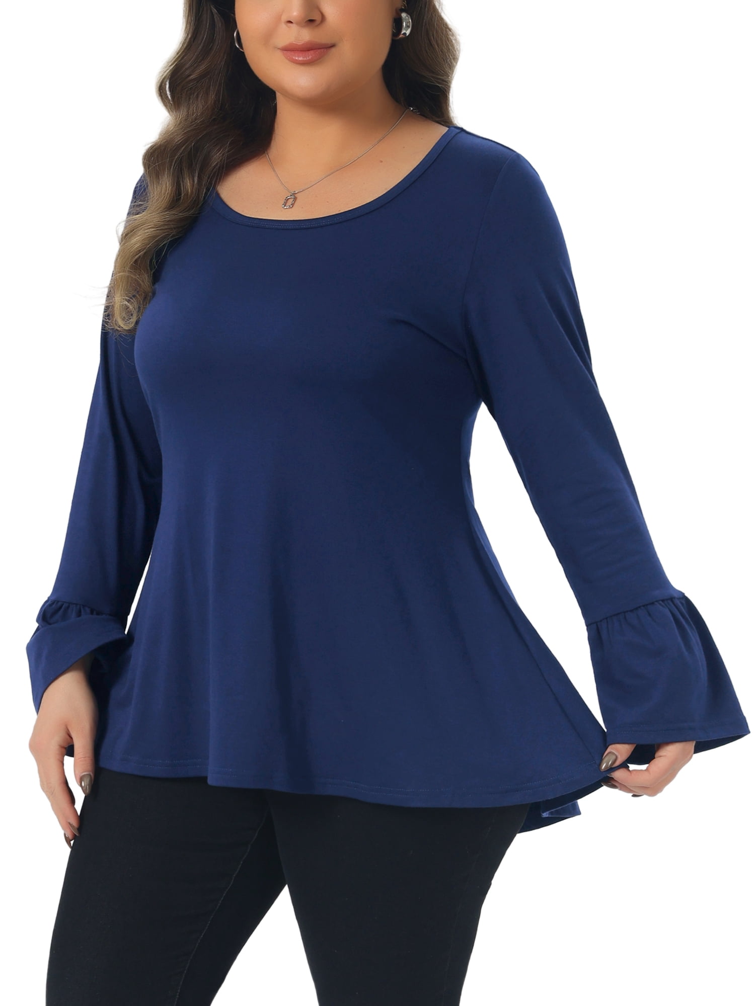 DARING DIVA Women's Plus Tops Crew Neck Bell High Low Hem Blouses 2X Dark Blue