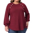 thumbnail image 1 of DARING DIVA Women's Plus Tops Crew Neck Button Decor Pullover Blouses 1X Burgundy, 1 of 6