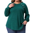 thumbnail image 1 of DARING DIVA Women's Plus Tops Crew Neck Button Decor Pullover Blouses 1X Green, 1 of 6