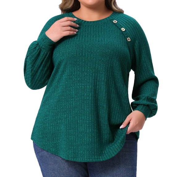 DARING DIVA Women's Plus Tops Crew Neck Button Decor Pullover Blouses 1X Green