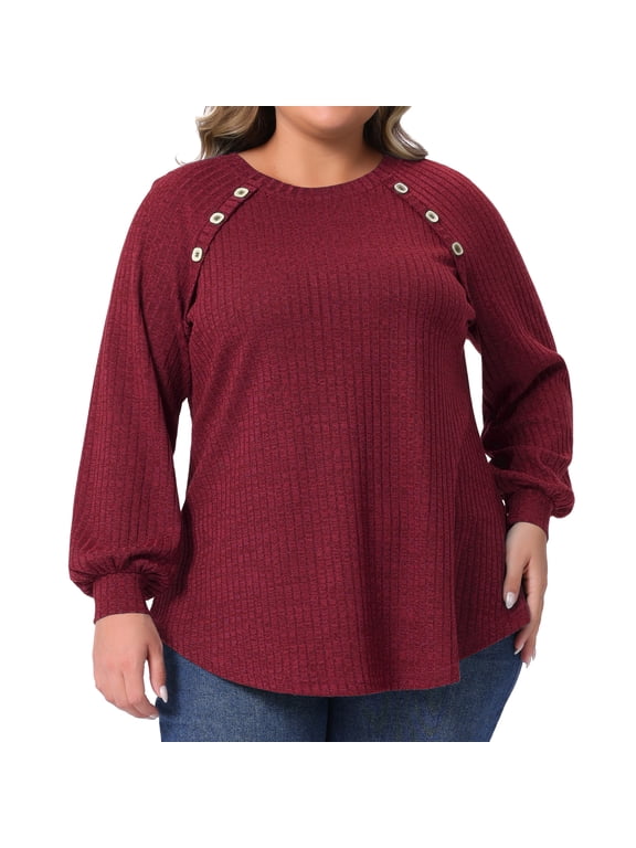 Women's Plus Tops Crew Neck Button Decor Pullover Blouses 2X Burgundy