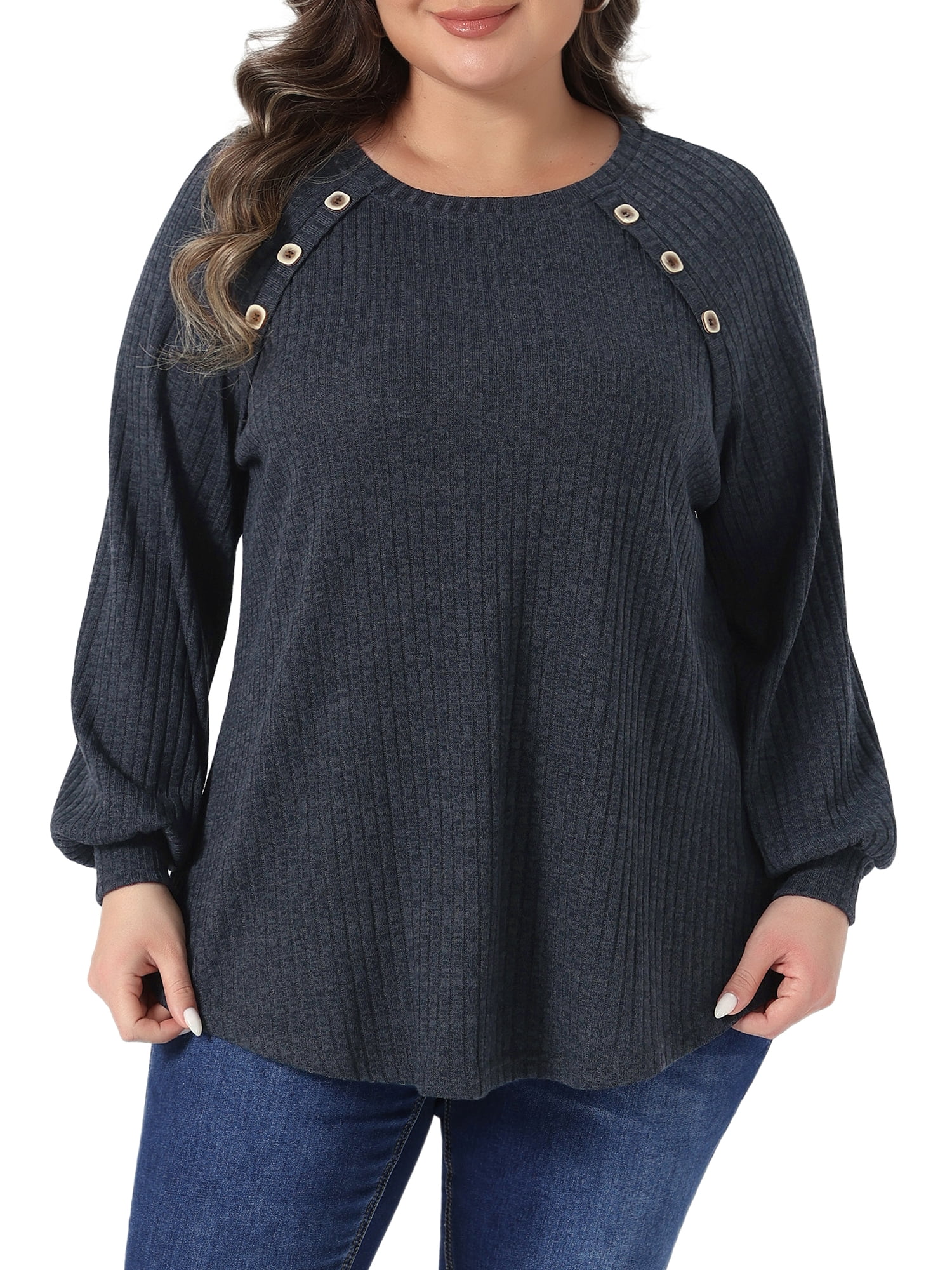 DARING DIVA Women's Plus Tops Crew Neck Button Decor Pullover Blouses 2X Gray Black
