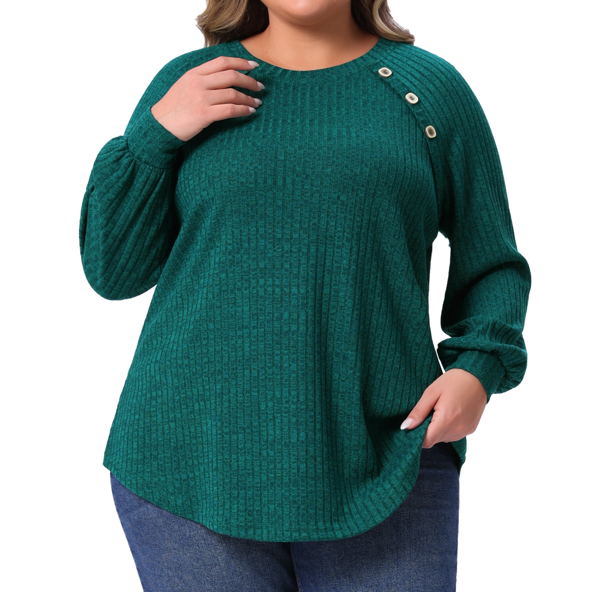DARING DIVA Women's Plus Tops Crew Neck Button Decor Pullover Blouses 2X Green