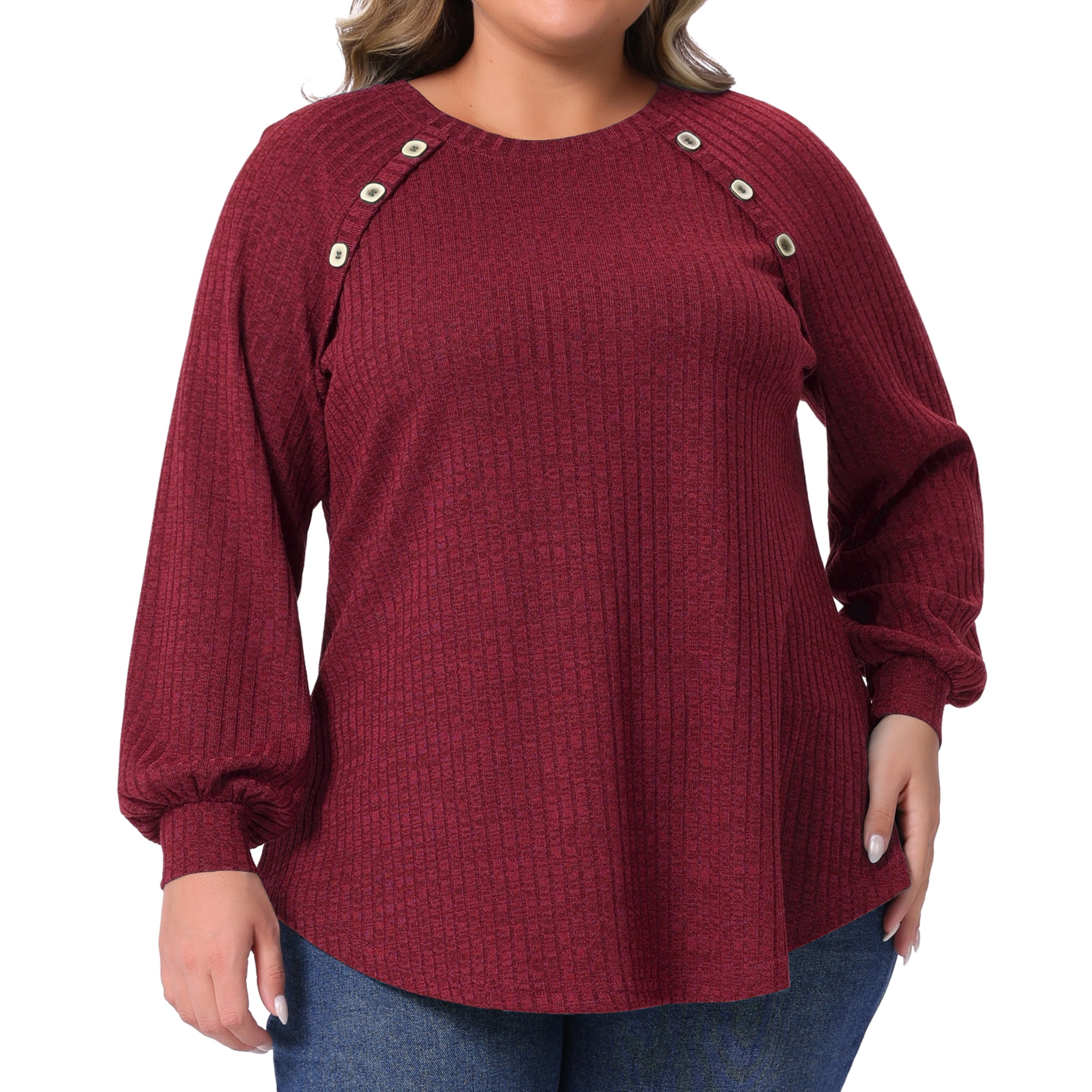 DARING DIVA Women's Plus Tops Crew Neck Button Decor Pullover Blouses 3X Burgundy