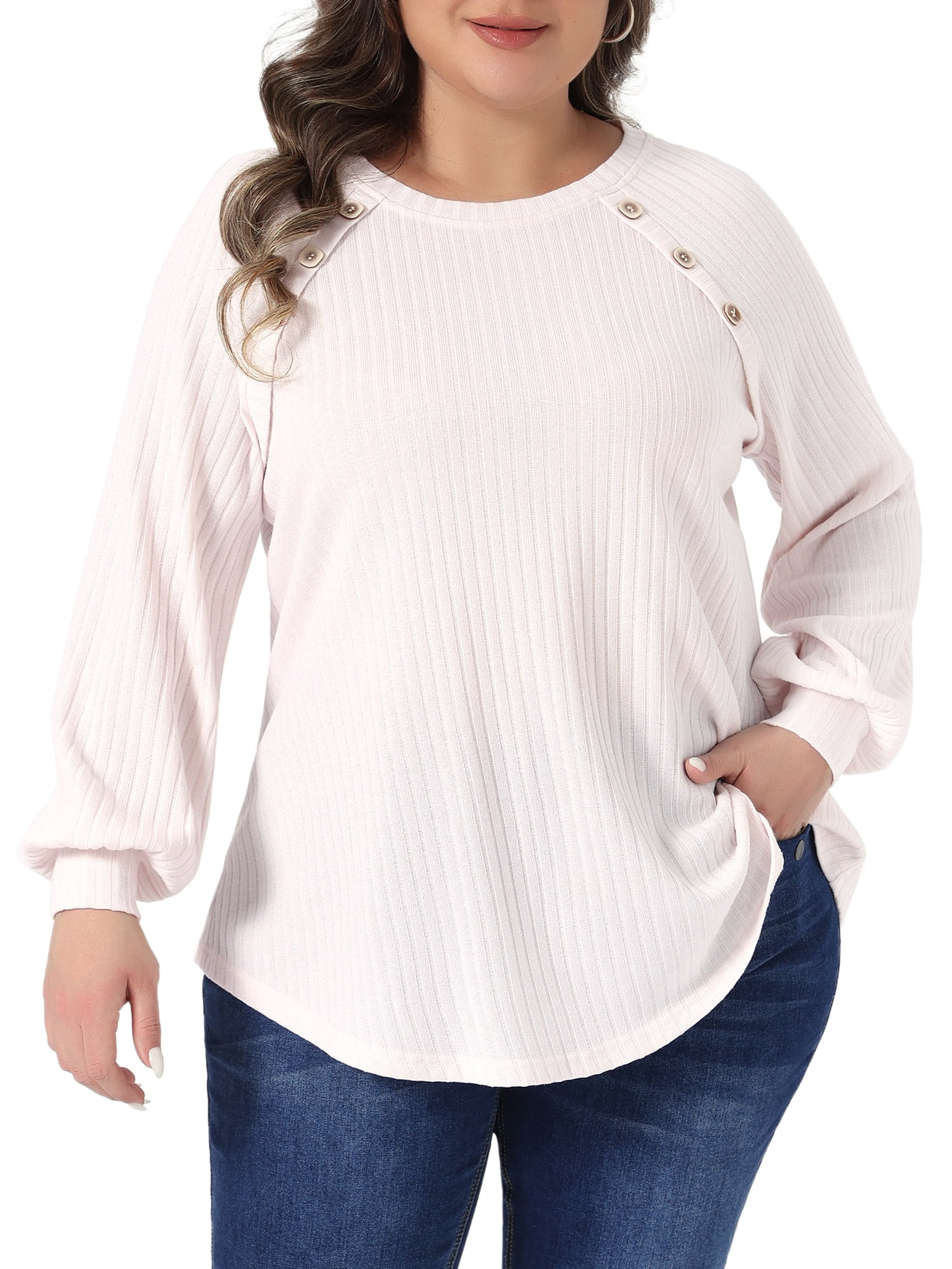DARING DIVA Women's Plus Tops Crew Neck Button Decor Pullover Blouses 3X Light Pink