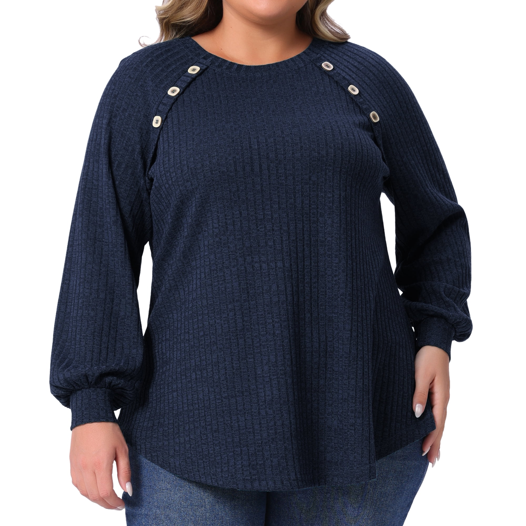 DARING DIVA Women's Plus Tops Crew Neck Button Decor Pullover Blouses 4X Dark Blue