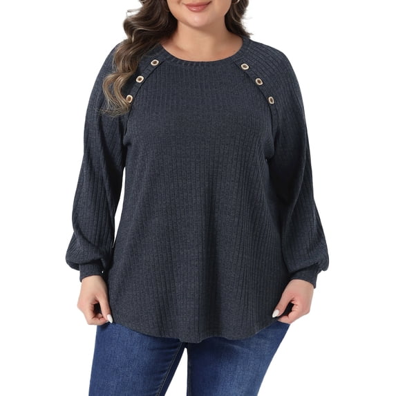 DARING DIVA Women's Plus Tops Crew Neck Button Decor Pullover Blouses 4X Gray Black