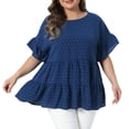 thumbnail image 1 of DARING DIVA Women's Plus Tops Crew Neck Ruffle Tiered Swiss Dots Blouses 1X Dark Blue, 1 of 6
