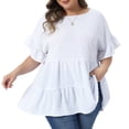 thumbnail image 1 of DARING DIVA Women's Plus Tops Crew Neck Ruffle Tiered Swiss Dots Blouses 1X White, 1 of 6