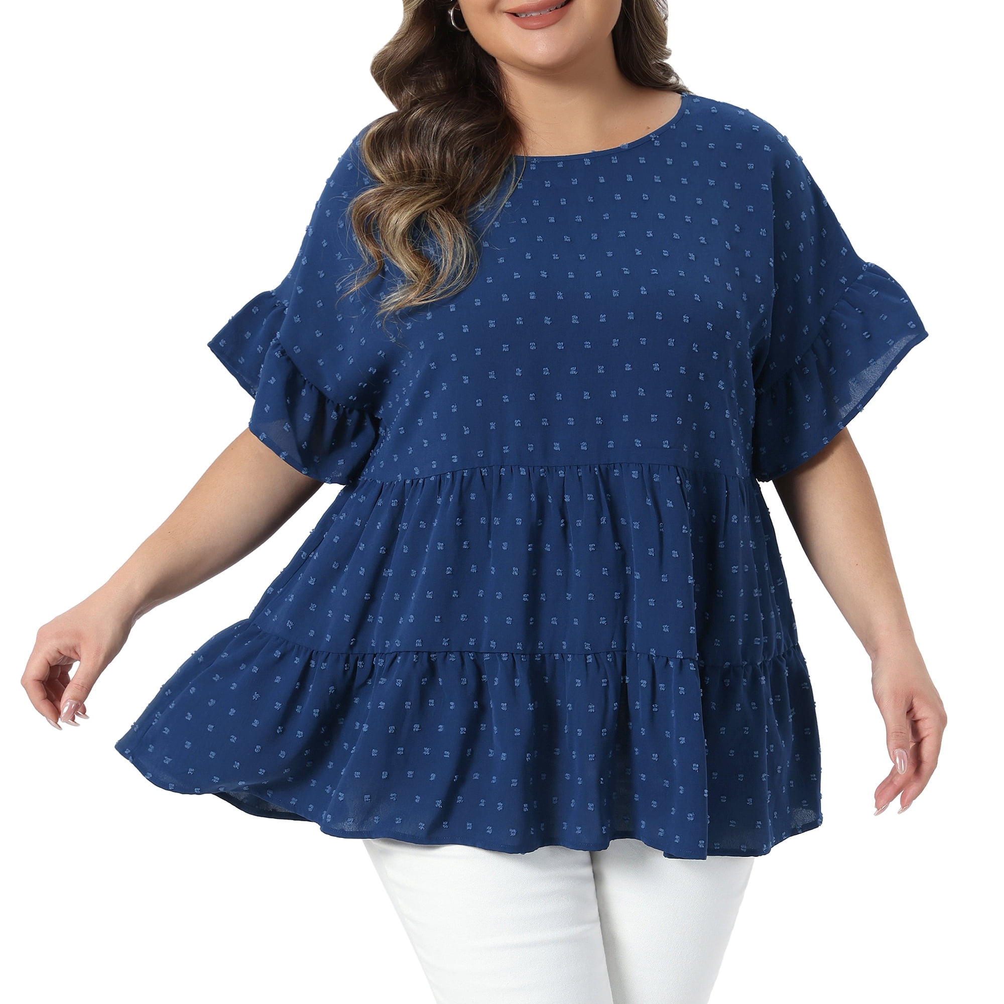 Women's Plus Summer Tops Crew Neck Ruffle Short Sleeve Tiered Swiss Dots Blouses 3X Dark Blue