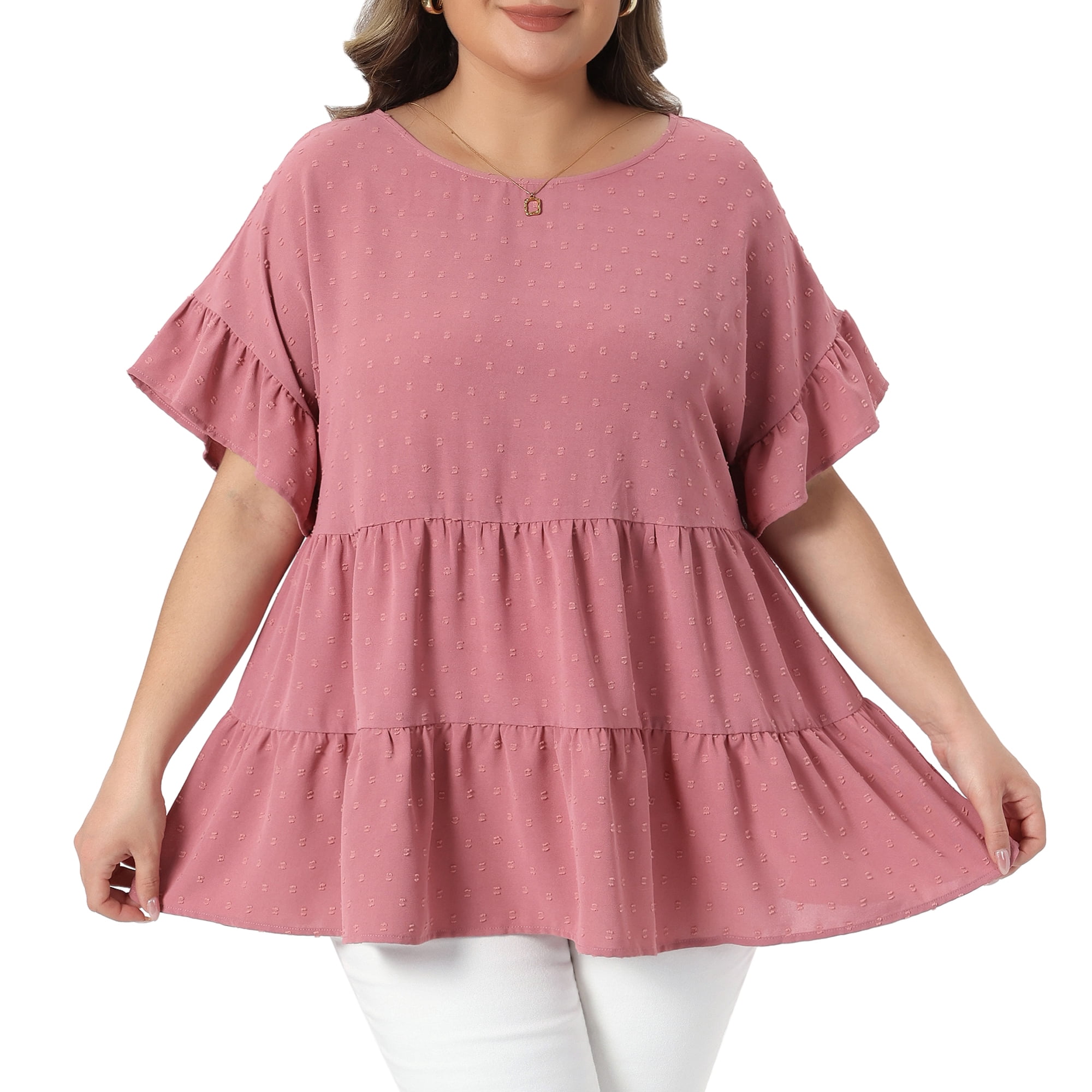 Women's Plus Summer Tops Crew Neck Ruffle Short Sleeve Tiered Swiss Dots Blouses 4X Dark Pink