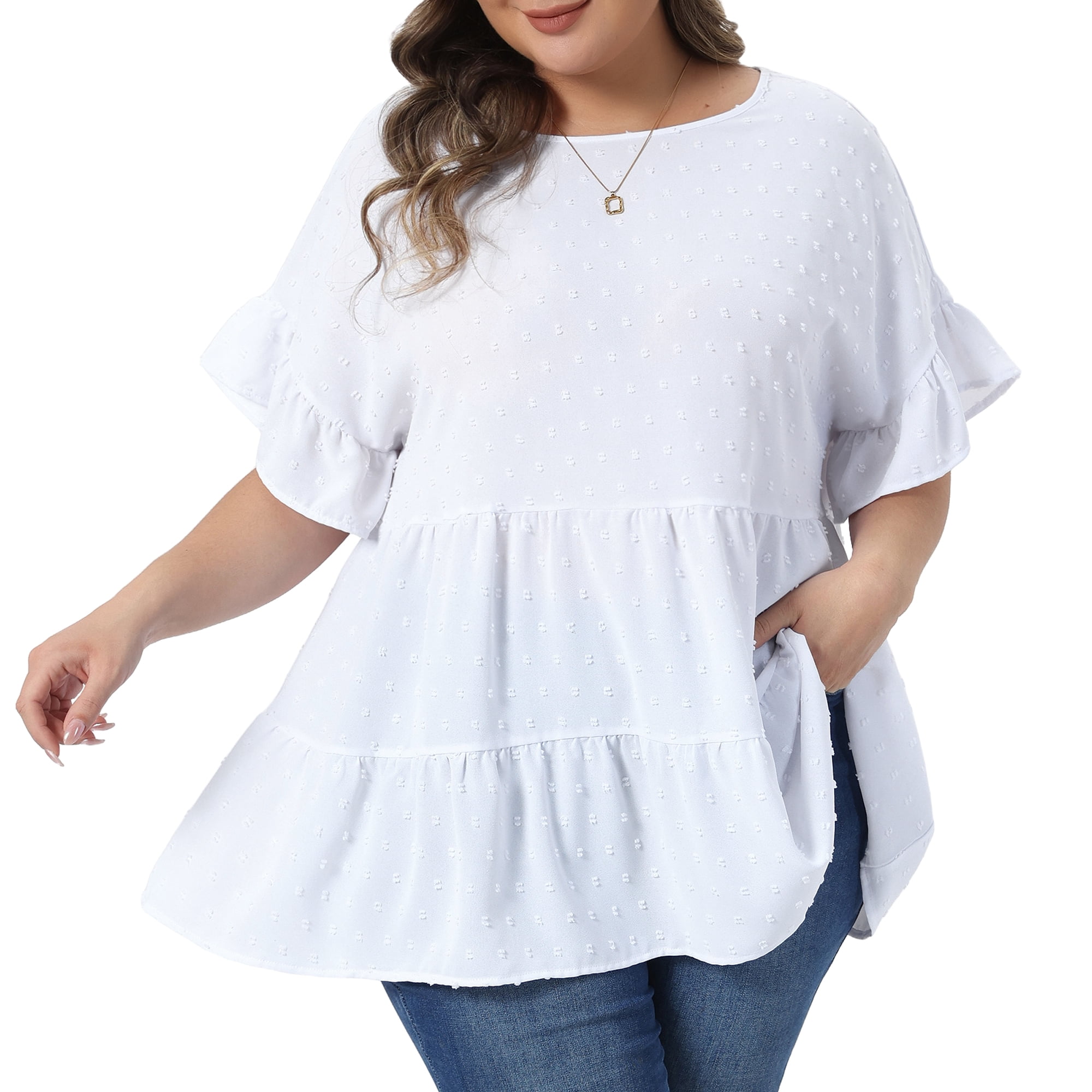 Women's Plus Summer Tops Crew Neck Ruffle Short Sleeve Tiered Swiss Dots Blouses 4X White