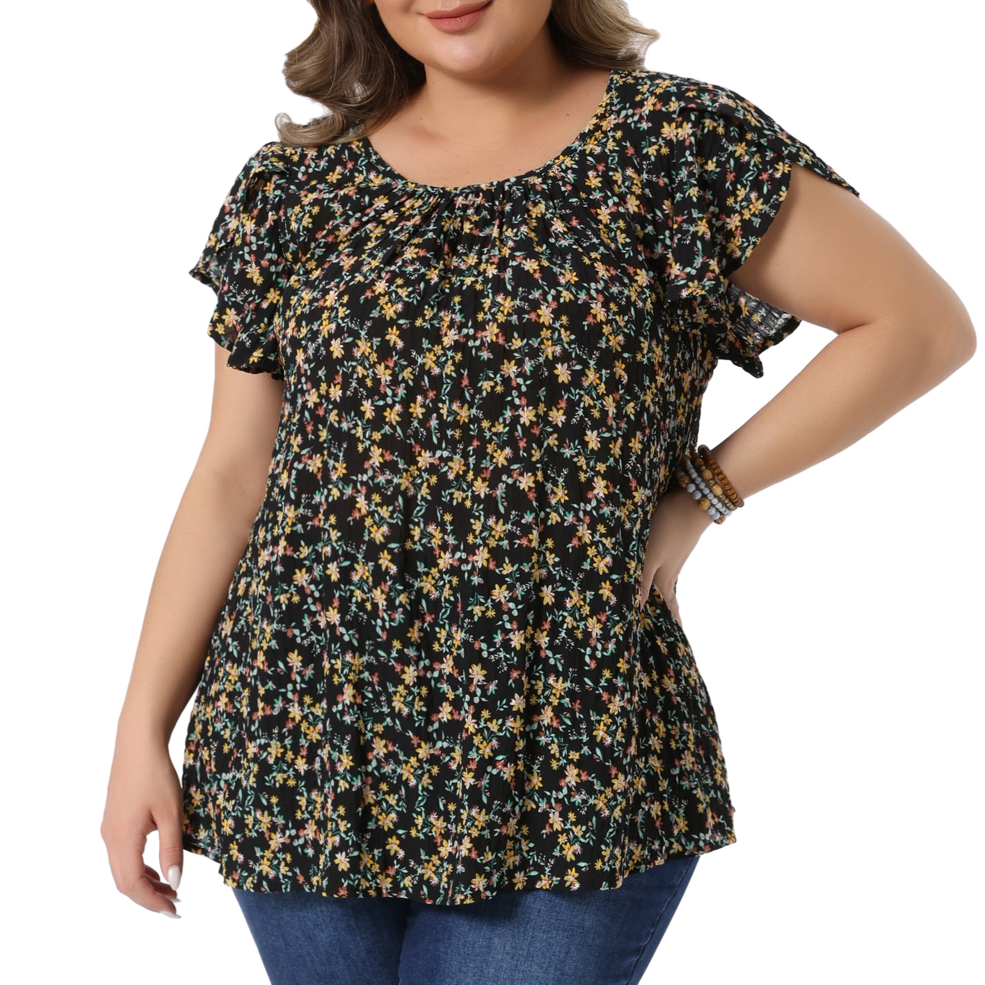 Women's Plus Summer Tops Floral Crew Neck Pleated Front Tulip Sleeve Dressy Blouse 4X Black