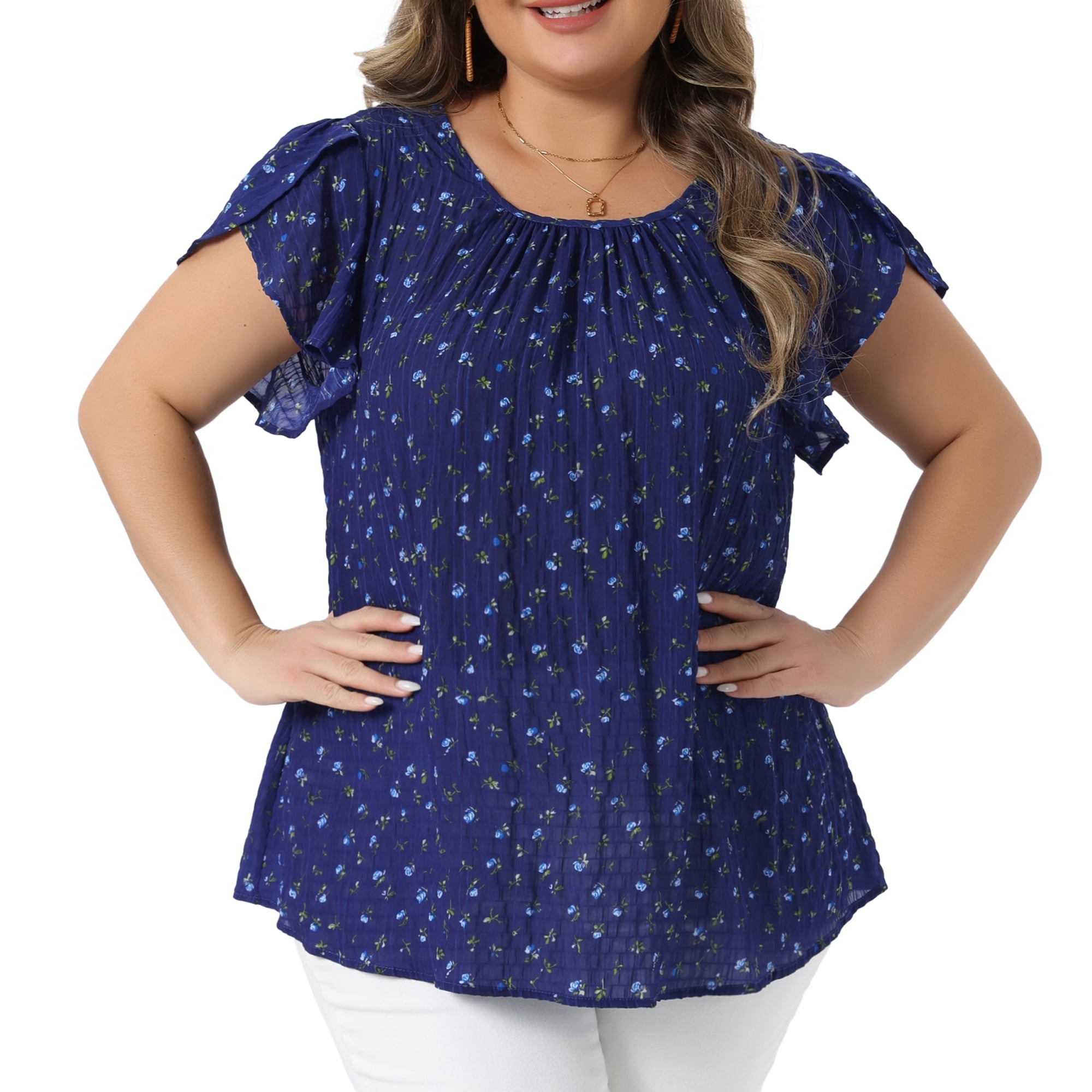Women's Plus Summer Tops Floral Crew Neck Pleated Front Tulip Sleeve Dressy Blouse 4X Dark Blue