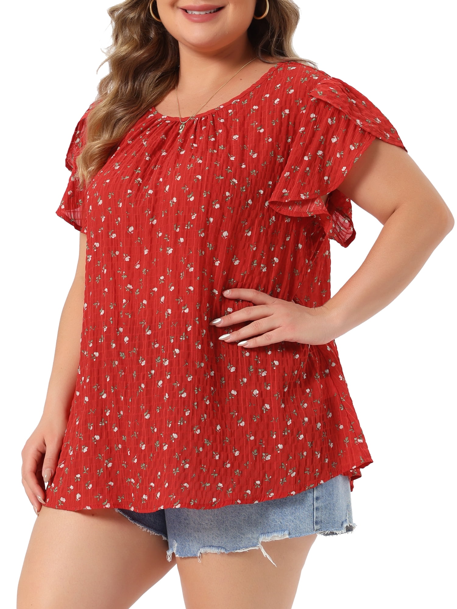DARING DIVA Women's Plus Tops Floral Crew Neck Pleated Front Tulip Sleeve Blouse 4X Red