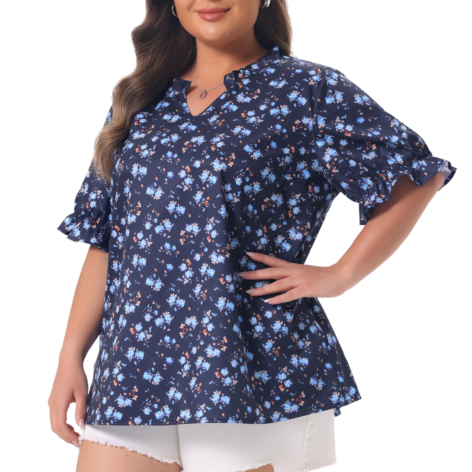 DARING DIVA Women's Plus Tops Floral V Neck Ruffle Puff  Casual Blouse Top 1X Navy Blue