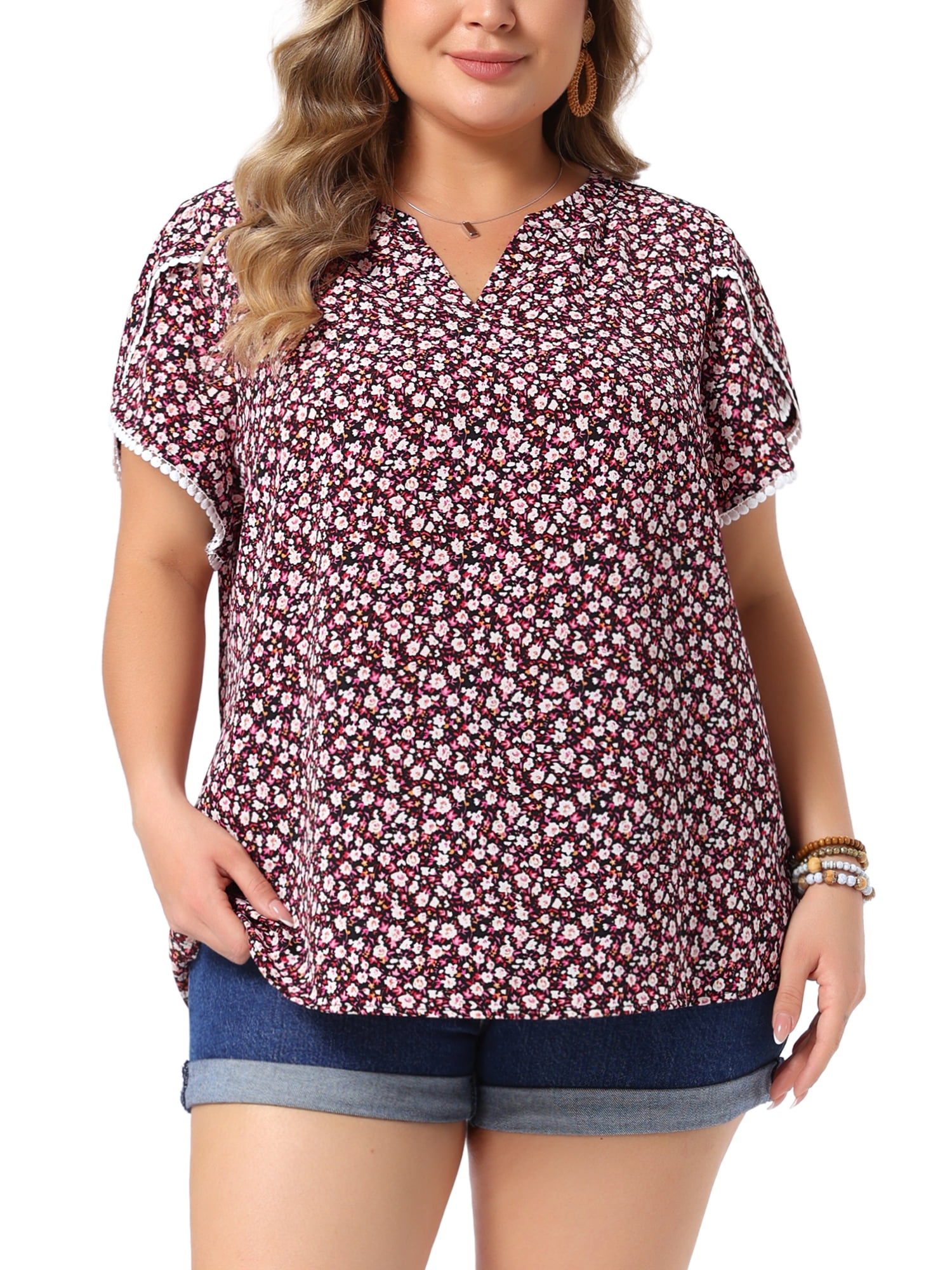 DARING DIVA Women's Plus Tops Floral V Neck Tulip Sleeve T-Shirt Summer Top 1X Black Red