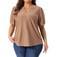thumbnail image 1 of Women's Plus Tops Hollow Casual V Neck Short Sleeve Summer Blouse Shirts 2X Camel, 1 of 6